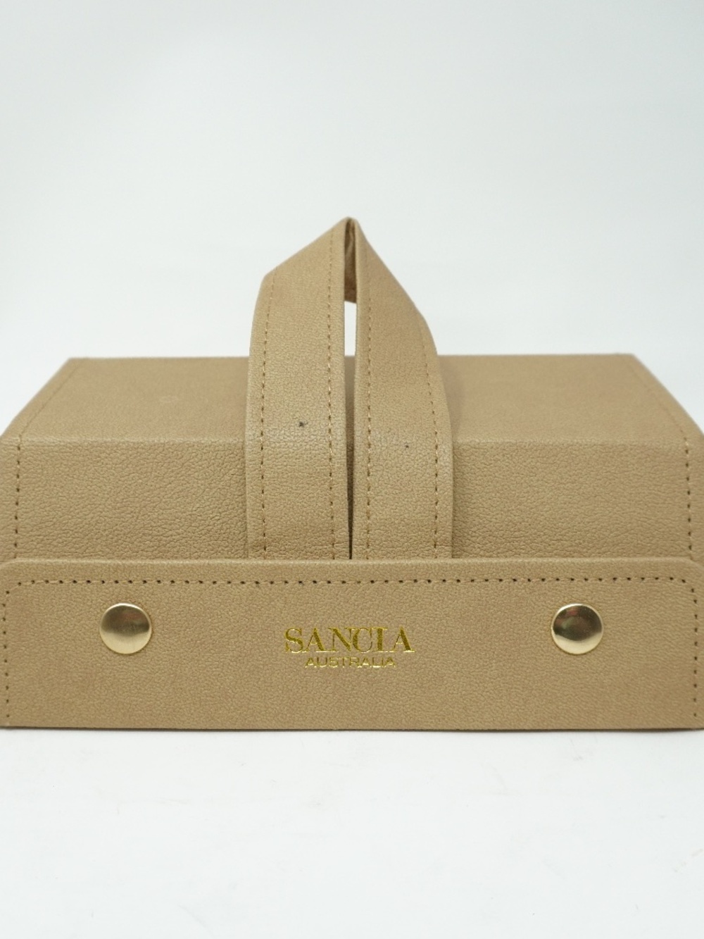 Sancia Australia 3-compartment tan faux leather sunglasses case box.